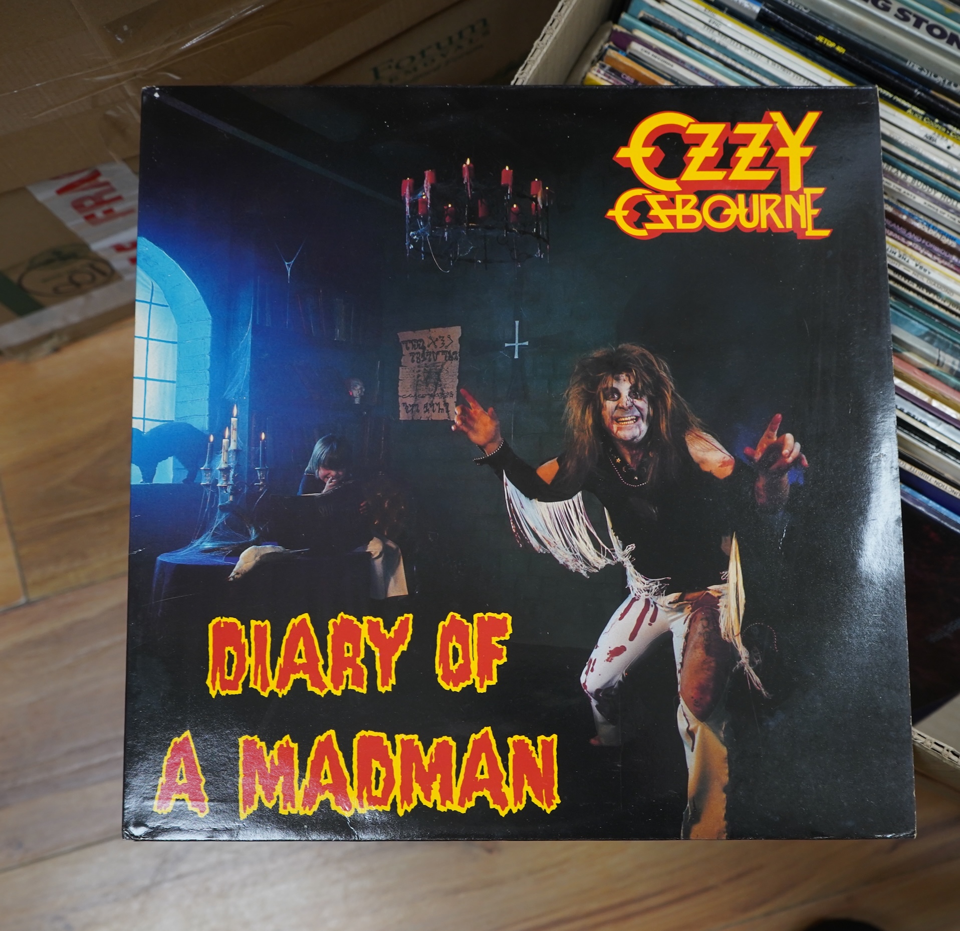 Sixty-two LP record albums, artists include; Pink Floyd, The Wall (early pressing with sticker), four Beatles albums and other Beatles related albums, Meat Loaf, The Rolling Stones, The Who, Ozzy Osbourne, Alice Cooper,